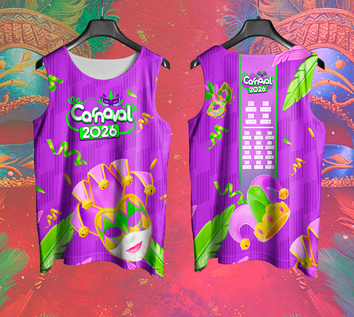 Arte Vetor Abadá Carnaval 2026 Estampa de Coroa - Mockup Frente e Costas em Cenário Carnaval