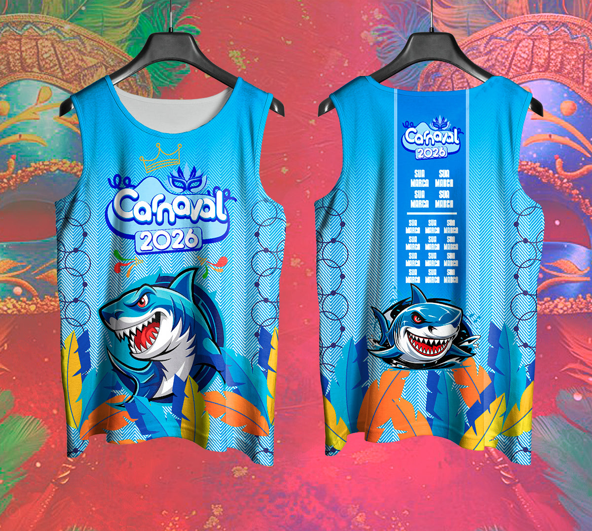 Arte Vetor Abadá Carnaval 2026 Estampa de Tubarão - Mockup Frente e Costas em Cenário Carnaval
