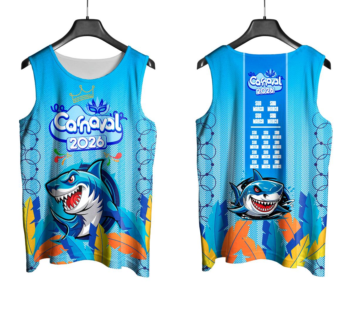 Arte Vetor Abadá Carnaval 2026 Estampa de Tubarão - Mockup Frente e Costas com Fundo Transparente
