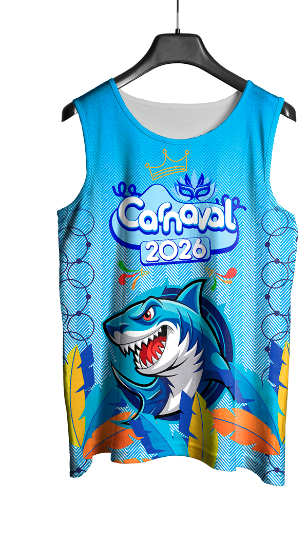 Arte Vetor Abadá Carnaval 2026 Estampa de Tubarão - Mockup Frente
