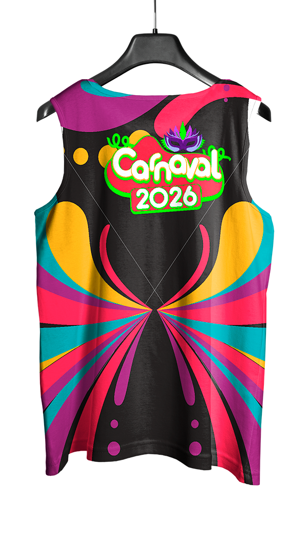 Arte Vetor Abadá Carnaval 2026 Fundo Preto com Detalhes Coloridos - Mockup Costas