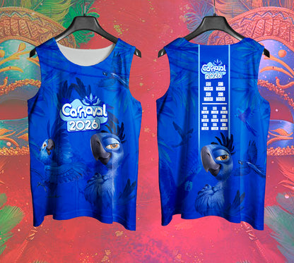 Arte Vetor Abadá Carnaval 2026 Arara Azul Filme Blue - Mockup Frente e Costas em Cenário Carnaval
