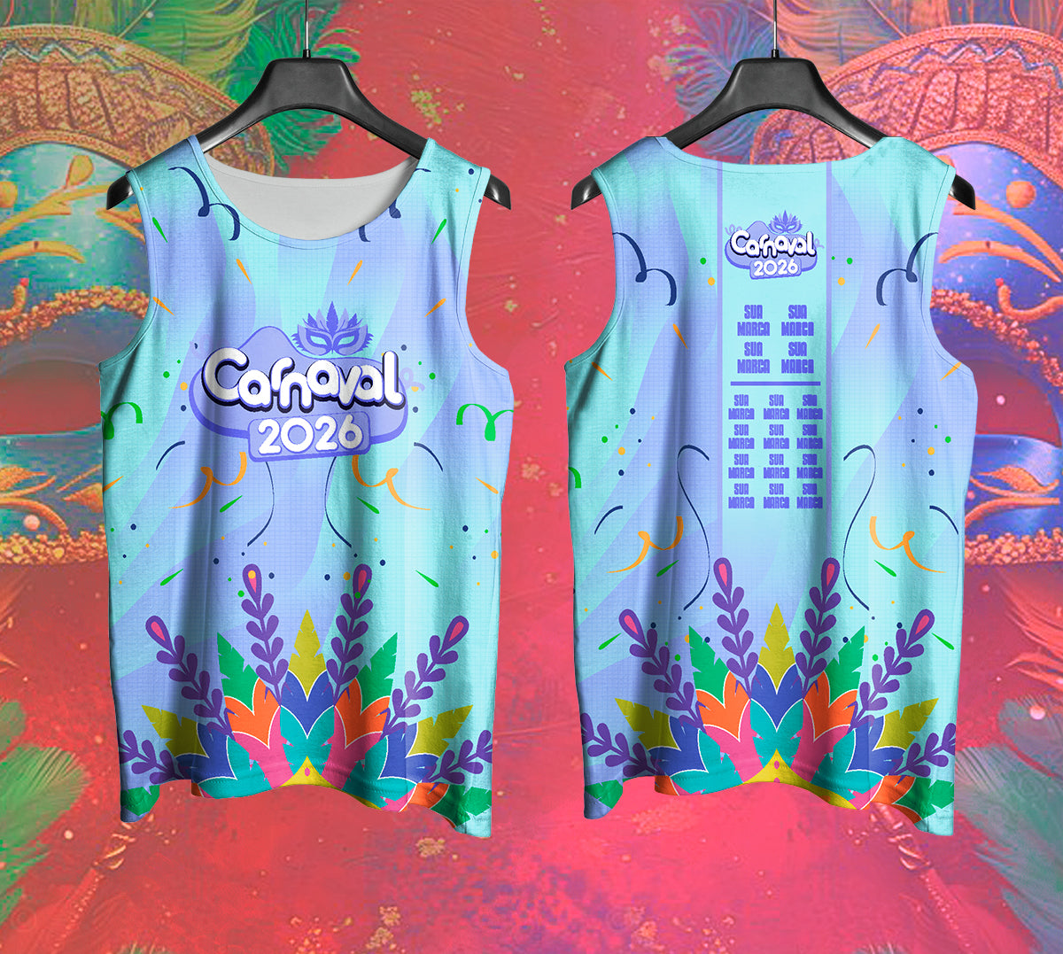 Arte Vetor Abadá Carnaval 2026 Azul Claro e Folhas Coloridas - Mockup Frente e Costas em Cenário Carnaval
