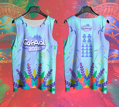 Arte Vetor Abadá Carnaval 2026 Azul Claro e Folhas Coloridas - Mockup Frente e Costas em Cenário Carnaval
