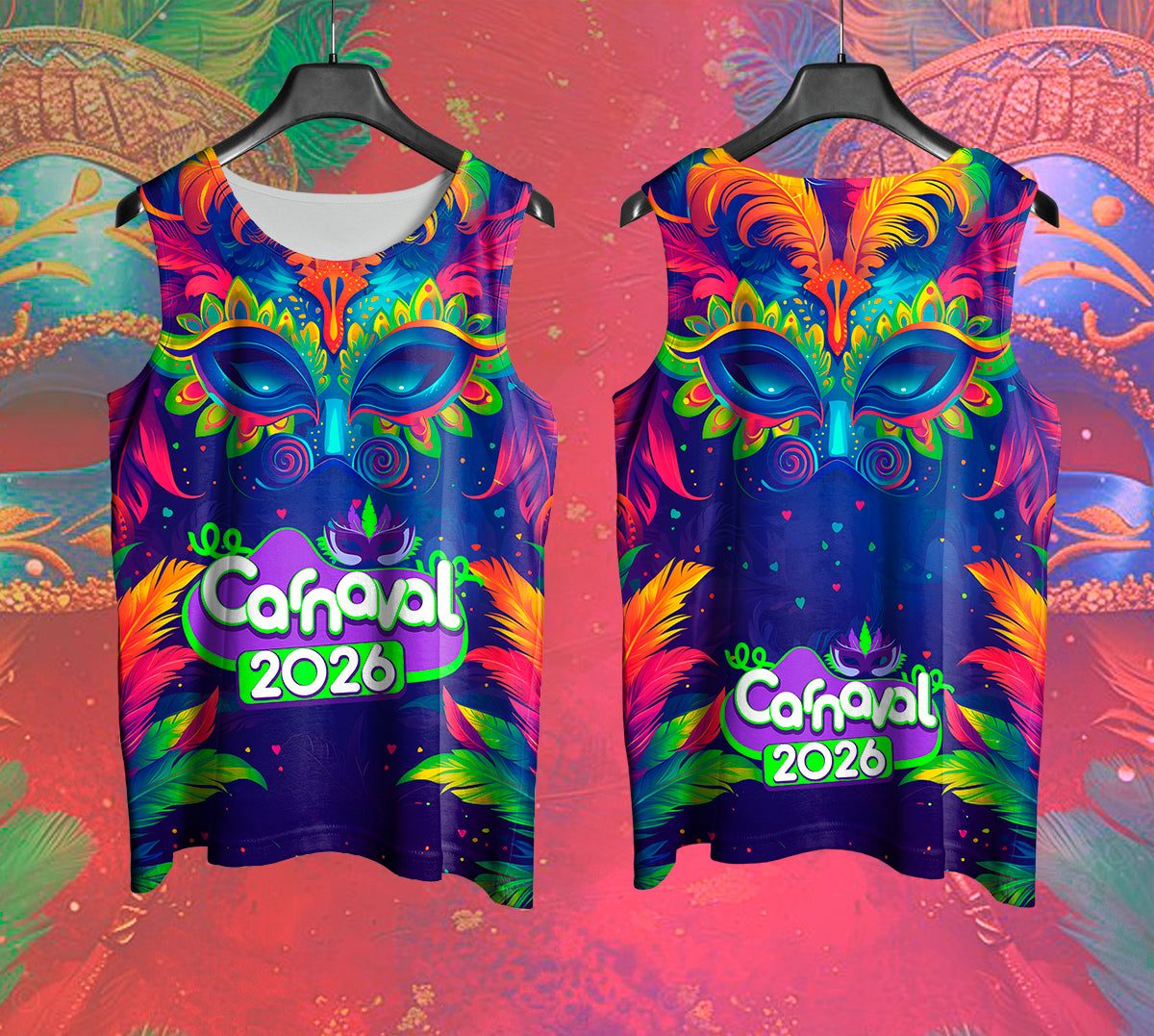 Mockup frente e costas do abada Carnaval 2026 Máscara com fundo de Carnaval vermelho.