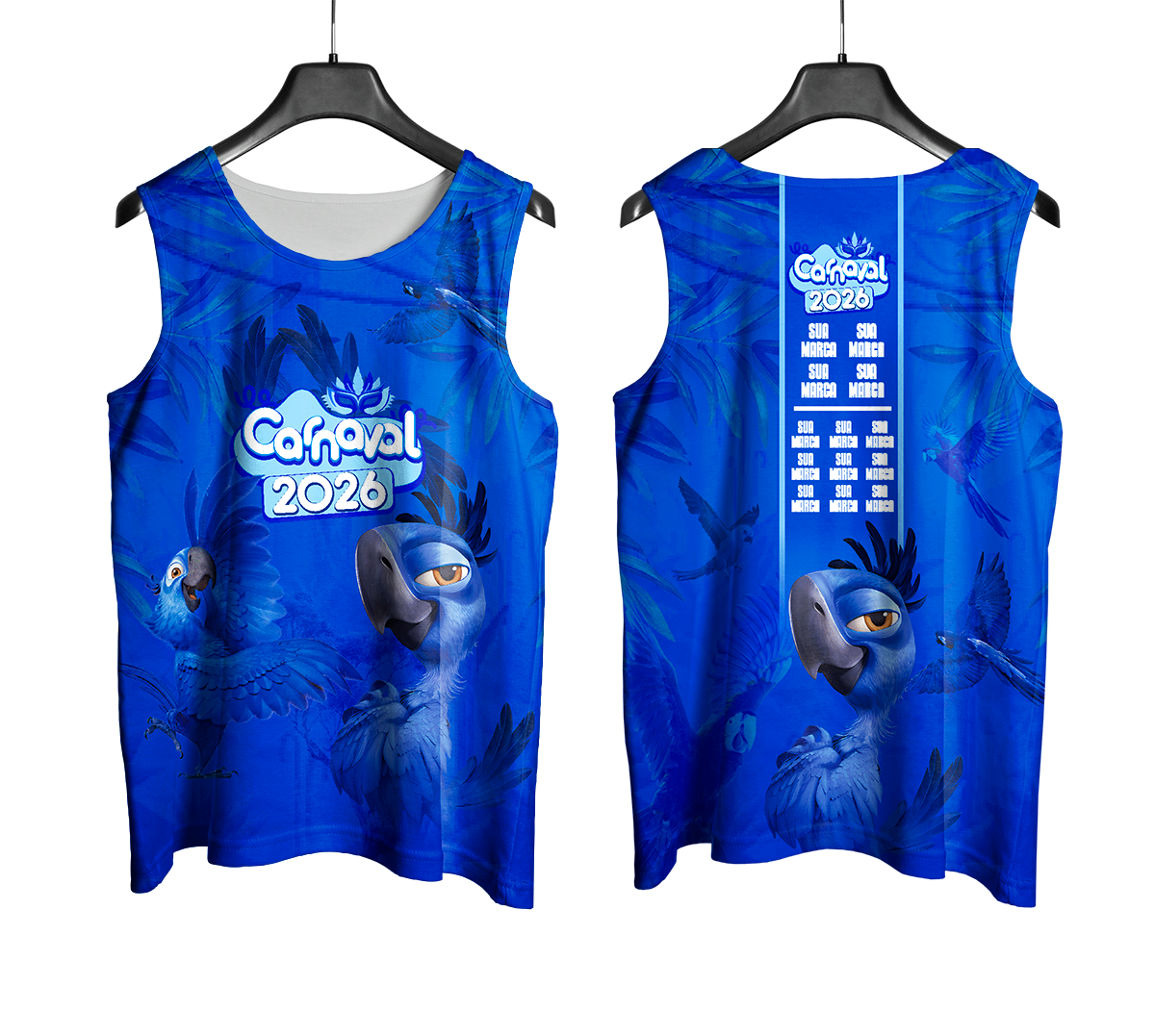 Arte Vetor Abadá Carnaval 2026 Arara Azul Filme Blue - Mockup Frente e Costas com Fundo Transparente
