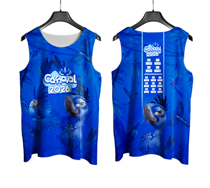 Arte Vetor Abadá Carnaval 2026 Arara Azul Filme Blue - Mockup Frente e Costas com Fundo Transparente
