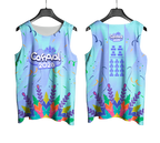 Arte Vetor Abadá Carnaval 2026 Azul Claro e Folhas Coloridas - Mockup Frente e Costas com Fundo Transparente

