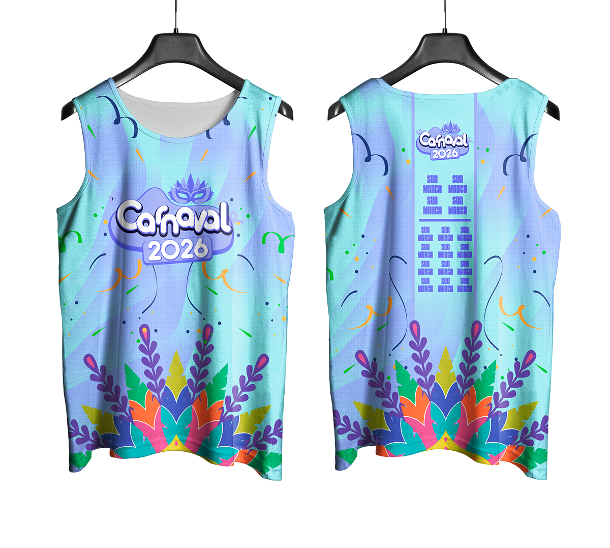 Arte Vetor Abadá Carnaval 2026 Azul Claro e Folhas Coloridas - Mockup Frente e Costas com Fundo Transparente
