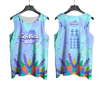 Arte Vetor Abadá Carnaval 2026 Azul Claro e Folhas Coloridas - Mockup Frente e Costas com Fundo Transparente
