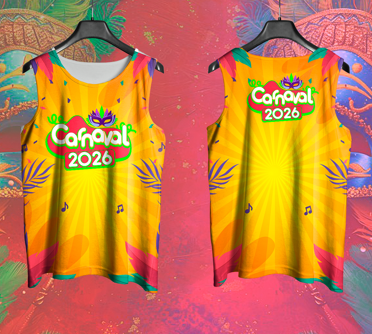 Arte Vetor Abadá Carnaval 2026 Raios de Sol - Mockup Frente e Costas em Cenário Carnaval