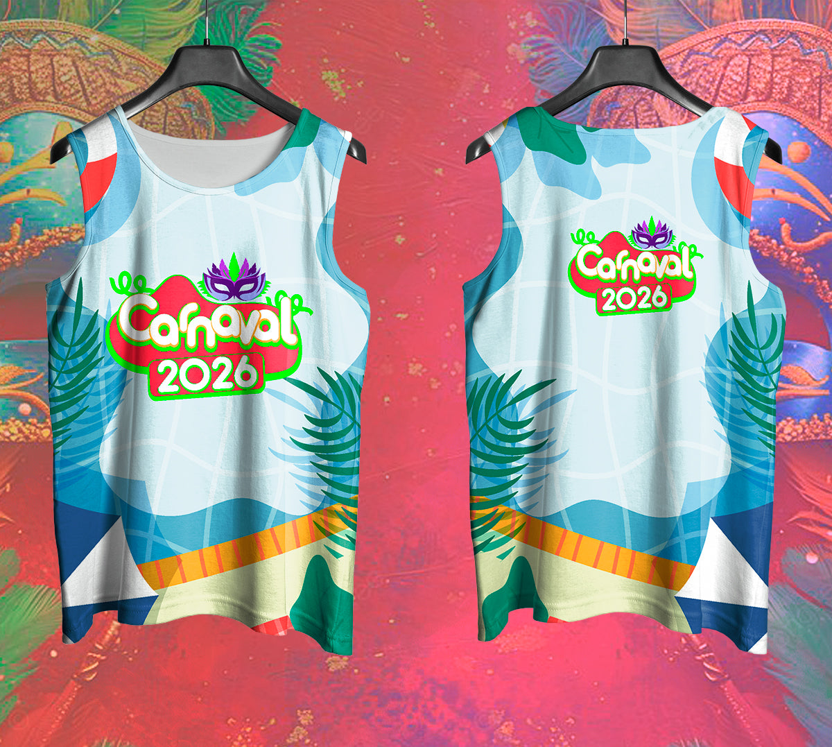 Arte Vetor Abadá Carnaval 2026 Textura de Água e Folhas - Mockup Frente e Costas em Cenário Carnaval
