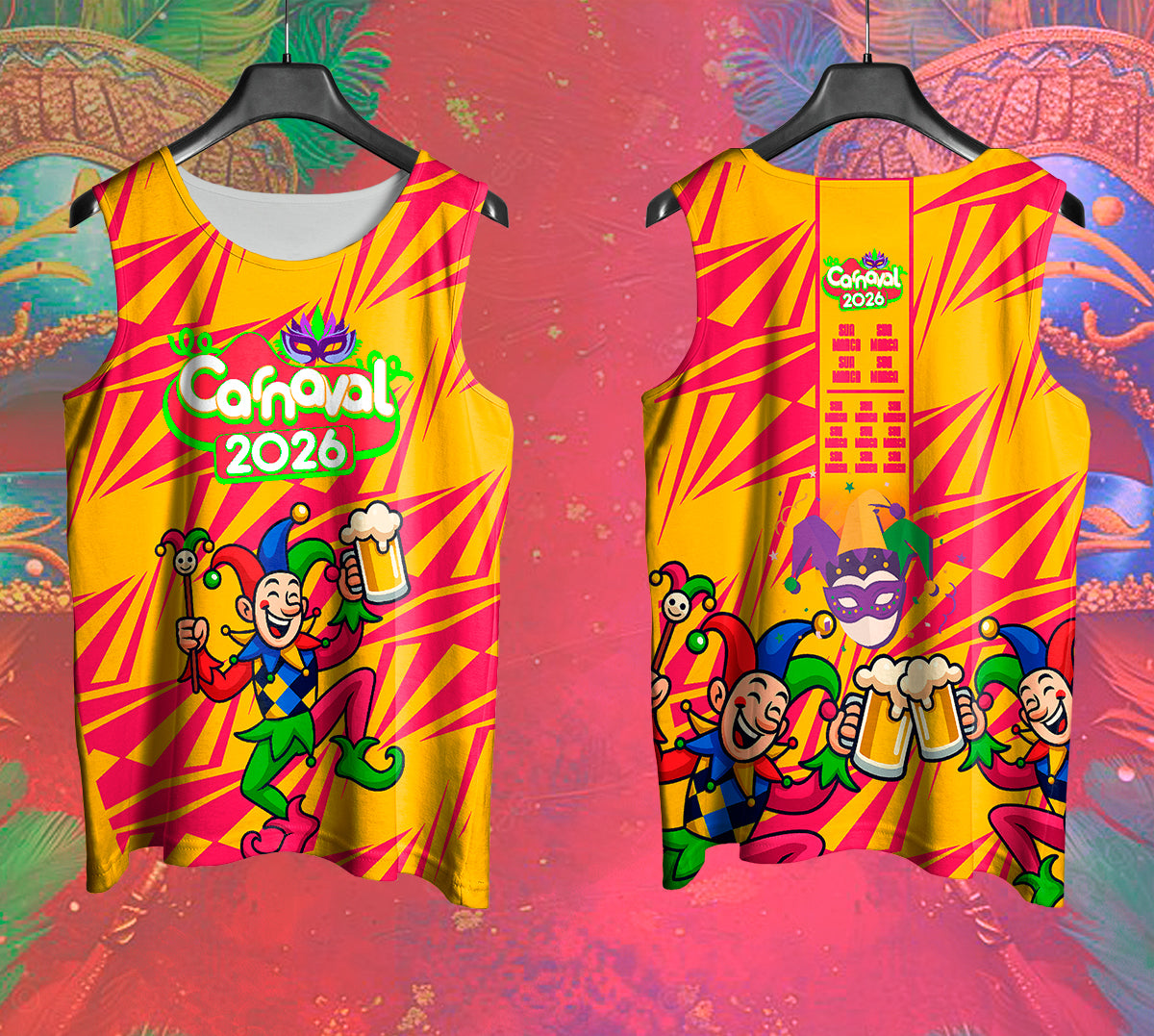 Arte Vetor Abadá Carnaval 2026 Tema Bobo Da Corte - Mockup Frente e Costas em Cenário Carnaval