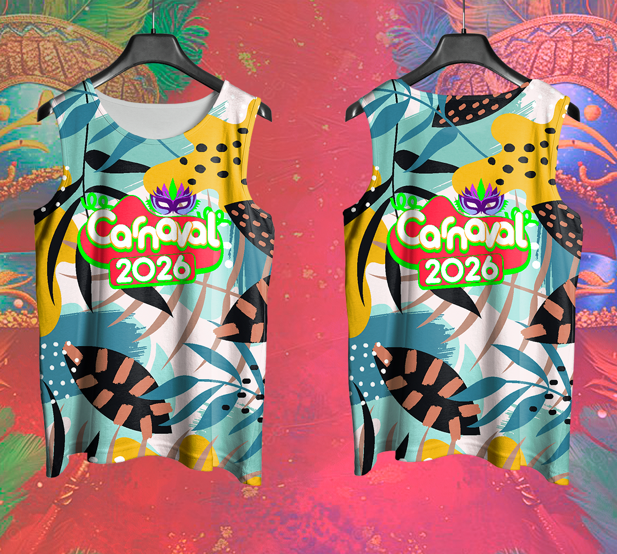 Arte Vetor Abadá Carnaval 2026 Branco e Flores Coloridas - Mockup Frente e Costas em Cenário Carnaval
