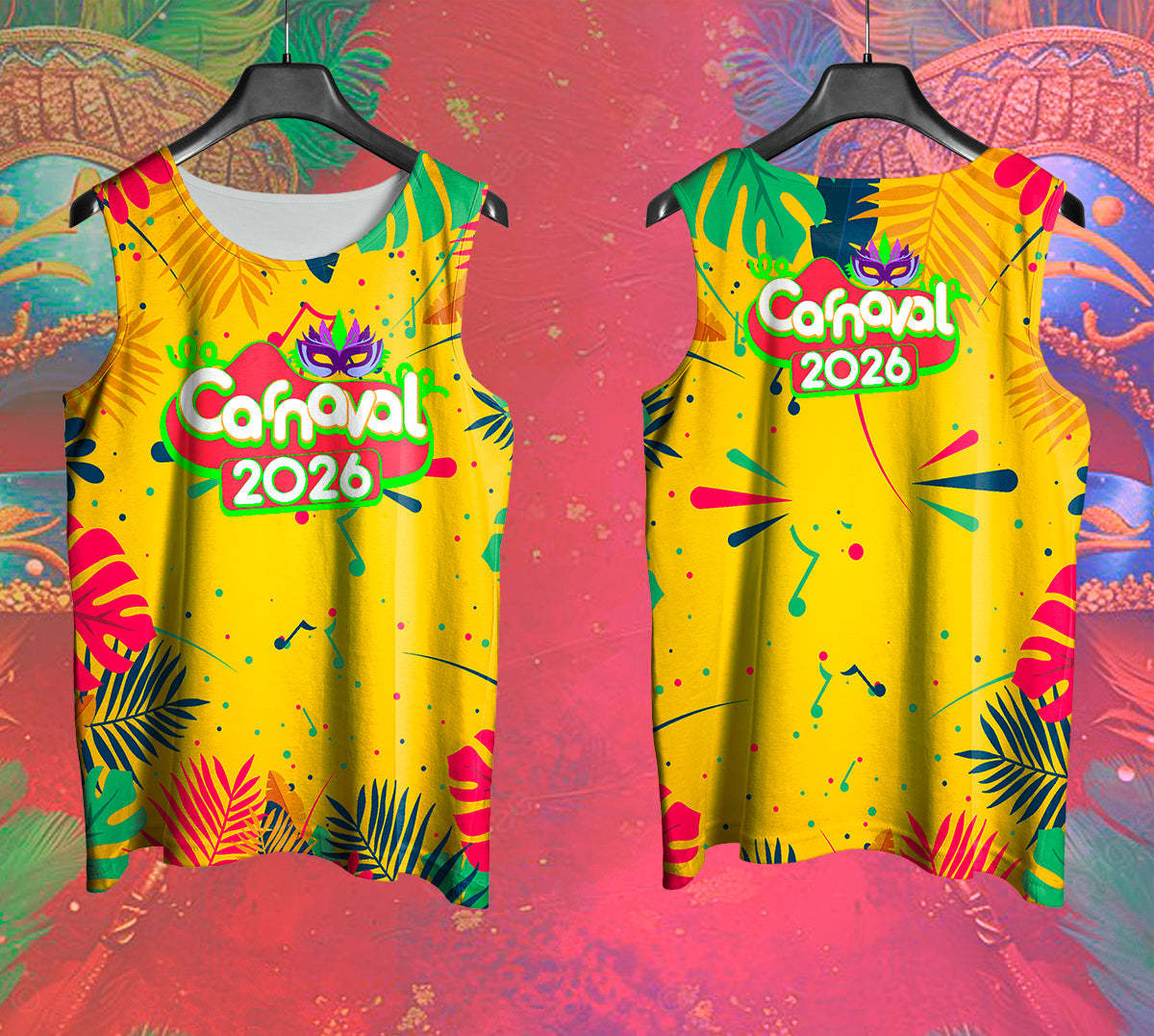 Arte Vetor Abadá Carnaval 2026 Amarelo e Folhas Coloridas - Mockup Frente e Costas em Cenário Carnaval