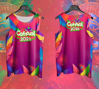 Arte Vetor Abadá Carnaval 2026 Roxo com Estampa Colorida - Mockup Frente e Costas em Cenário Carnaval
