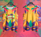 Arte Vetor Abadá Carnaval 2026 Máscaras em Fundo Amarelo - Mockup Frente e Costas em Cenário Carnaval