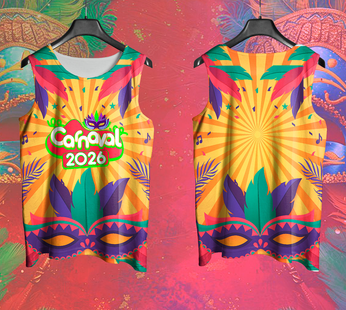 Arte Vetor Abadá Carnaval 2026 Máscaras em Fundo Amarelo - Mockup Frente e Costas em Cenário Carnaval