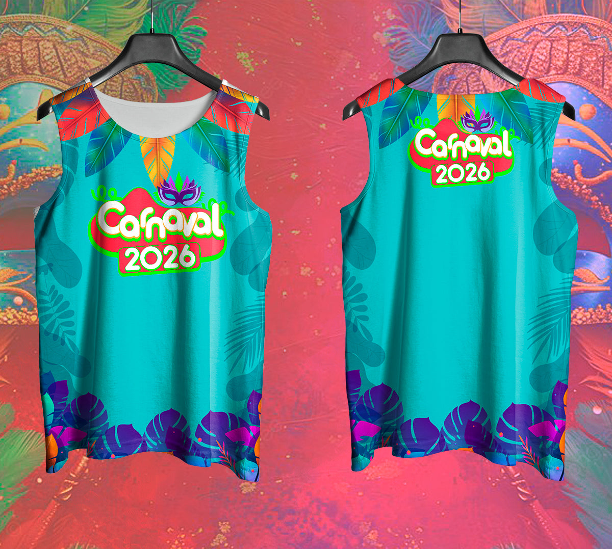 Arte Vetor Abadá Carnaval 2026 Verde Água - Mockup Frente e Costas em Cenário Carnaval