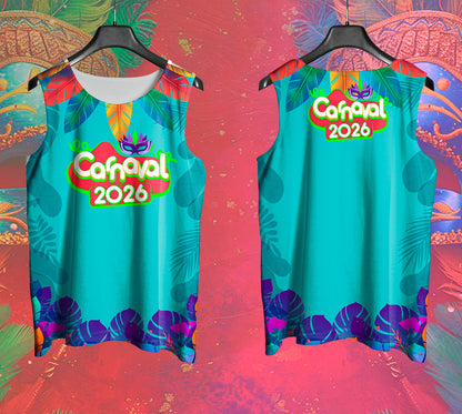 Arte Vetor Abadá Carnaval 2026 Verde Água - Mockup Frente e Costas em Cenário Carnaval