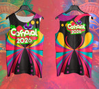 Arte Vetor Abadá Carnaval 2026 Fundo Preto com Detalhes Coloridos - Mockup Frente e Costas em Cenário Carnaval
