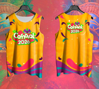 Arte Vetor Abadá Carnaval 2026 Fundo Amarelo com Detalhes Coloridos - Mockup Frente e Costas em Cenário Carnaval