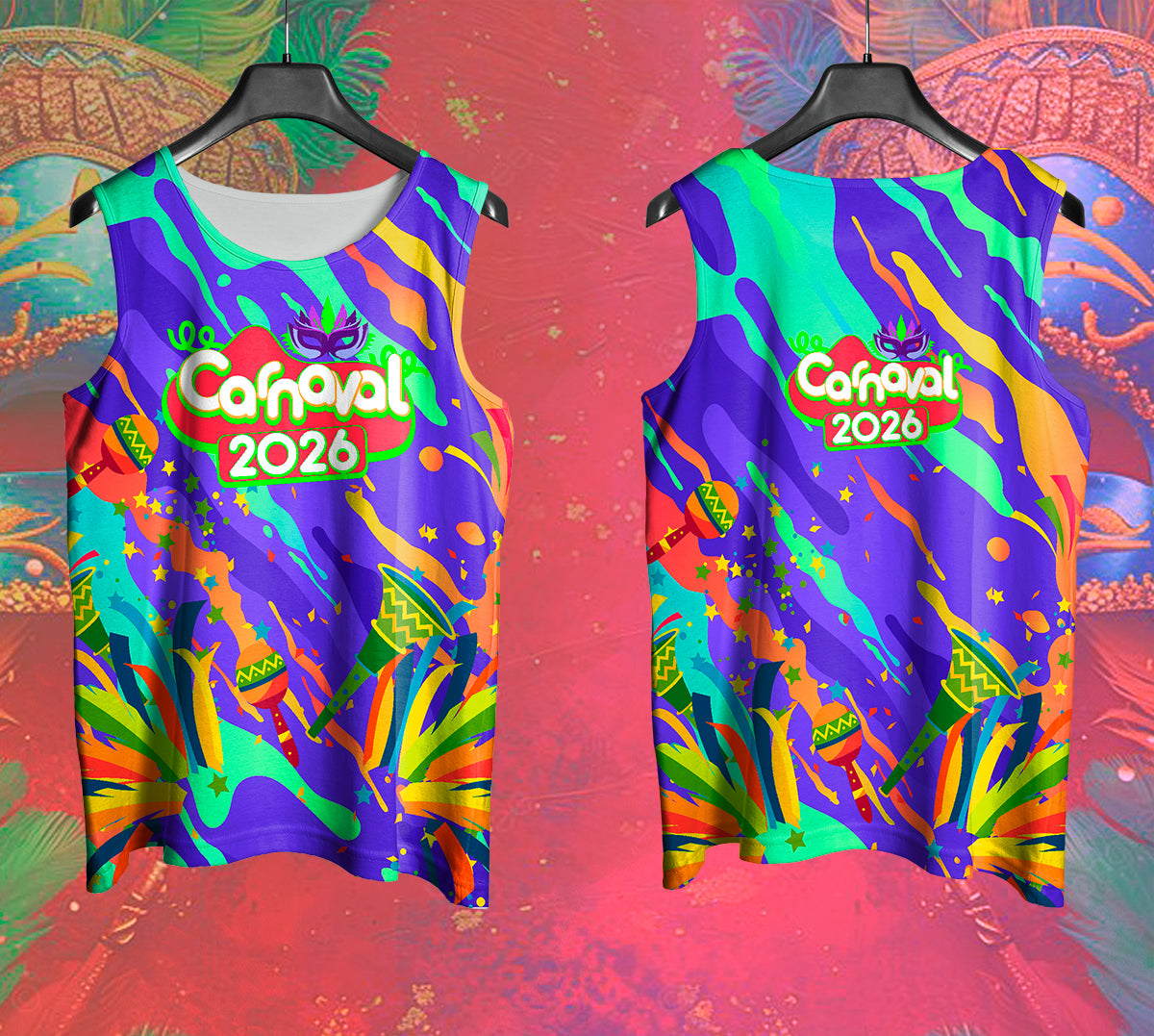 Arte Vetor Abadá Carnaval 2026 Explosão de Cores e Chocalho - Mockup Frente e Costas em Cenário Carnaval