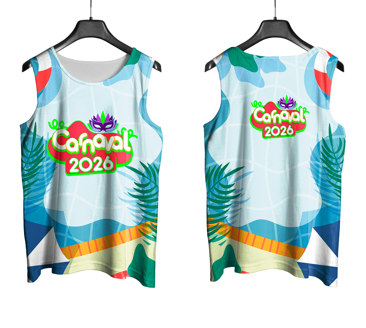 Arte Vetor Abadá Carnaval 2026 Textura de Água e Folhas - Mockup Frente e Costas com Fundo Transparente
