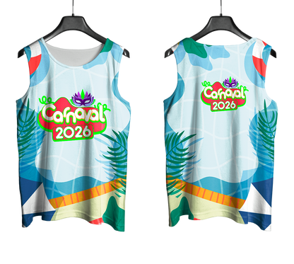 Arte Vetor Abadá Carnaval 2026 Textura de Água e Folhas - Mockup Frente e Costas com Fundo Transparente
