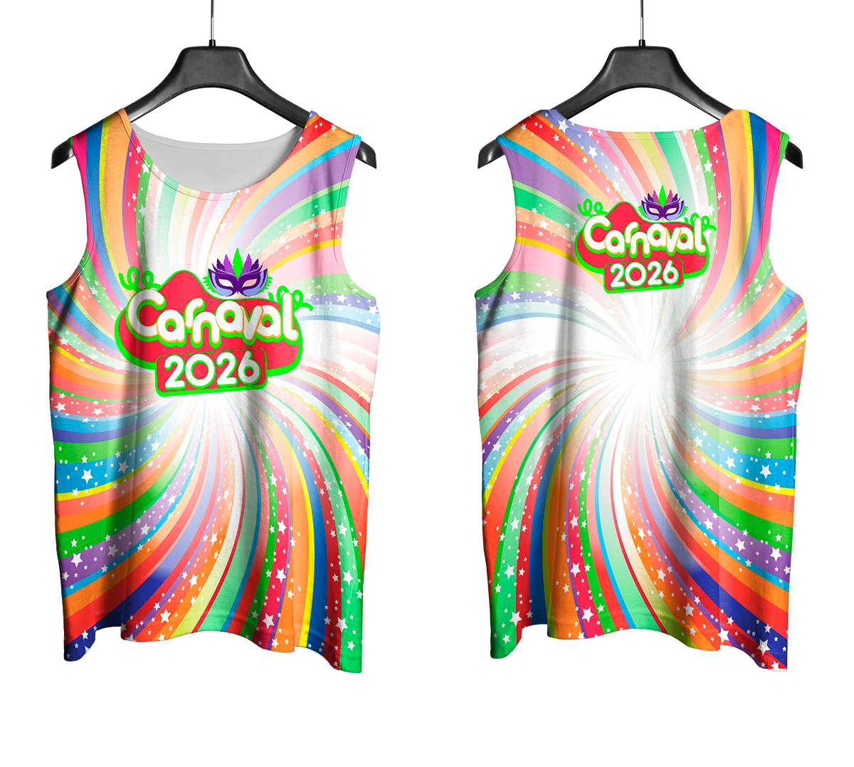 Arte Vetor Abadá Carnaval 2026 Redemoinho Cores Arco-Íris - Mockup Frente e Costas com Fundo Transparente