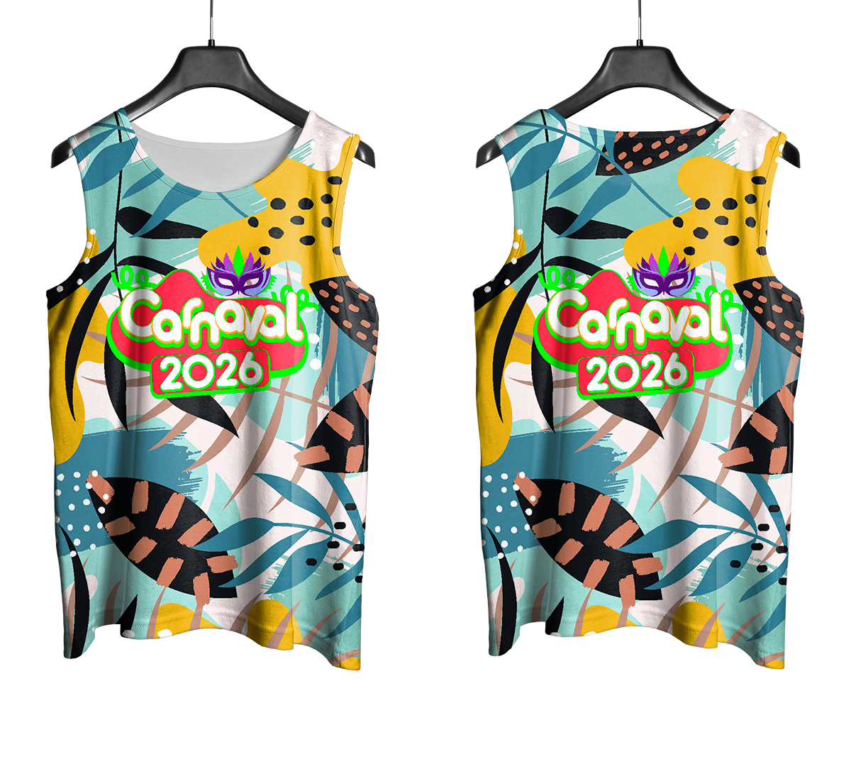 Arte Vetor Abadá Carnaval 2026 Branco e Flores Coloridas - Mockup Frente e Costas com Fundo Transparente
