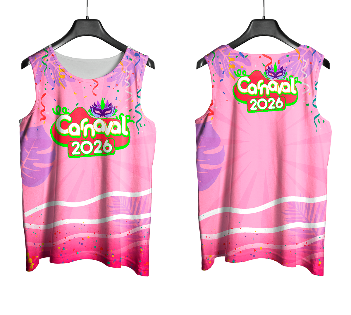 Arte Vetor Abadá Carnaval 2026 Rosa Vibrante - Mockup Frente e Costas com Fundo Transparente