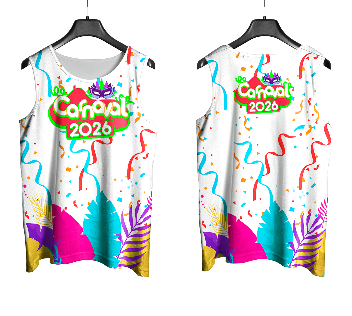 Arte Vetor Abadá Carnaval 2026 Branco e Fitas Coloridas - Mockup Frente e Costas com Fundo Transparente
