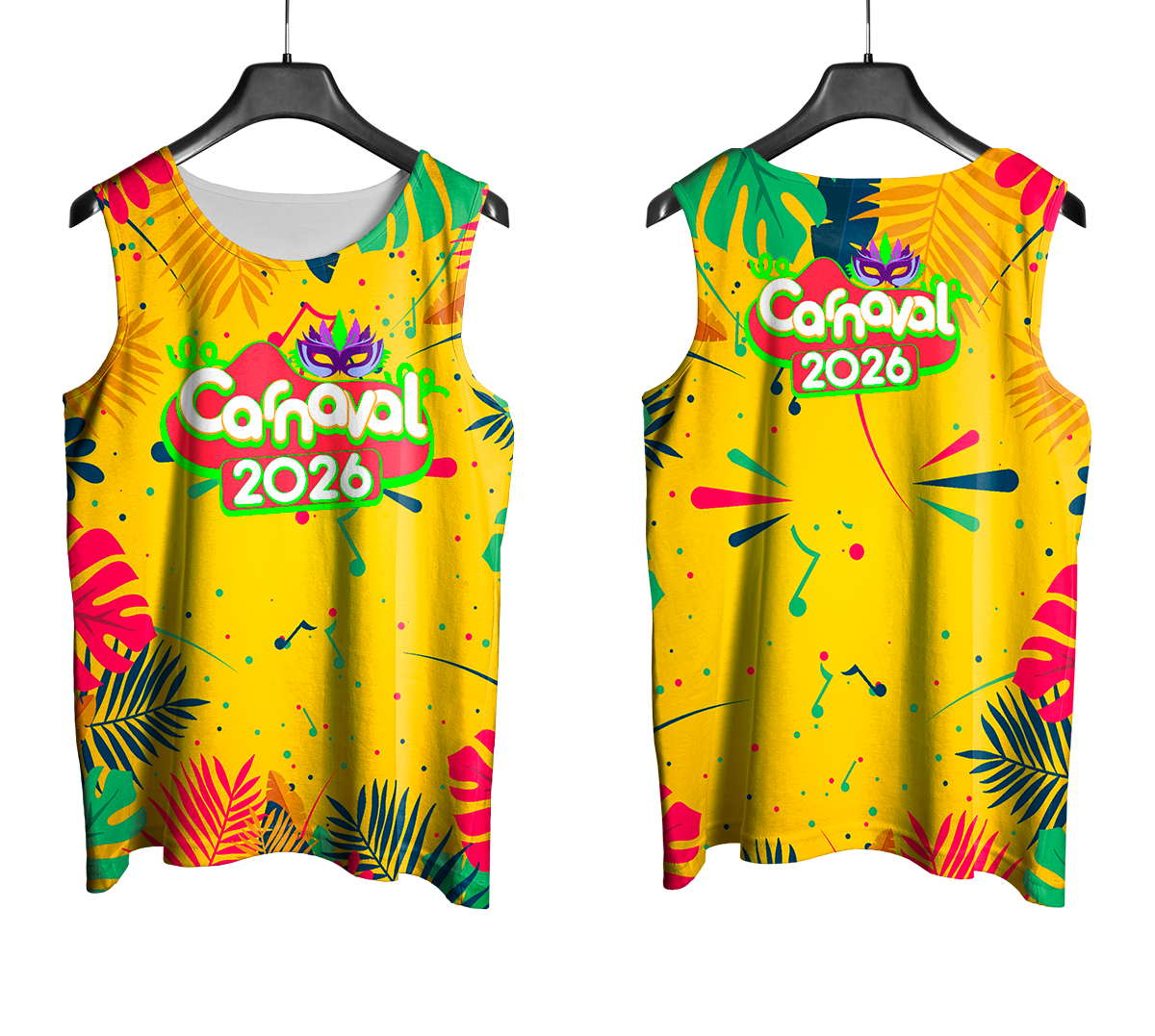 Arte Vetor Abadá Carnaval 2026 Amarelo e Folhas Coloridas - Mockup Frente e Costas com Fundo Transparente