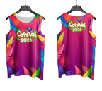 Arte Vetor Abadá Carnaval 2026 Roxo com Estampa Colorida - Mockup Frente e Costas com Fundo Transparente