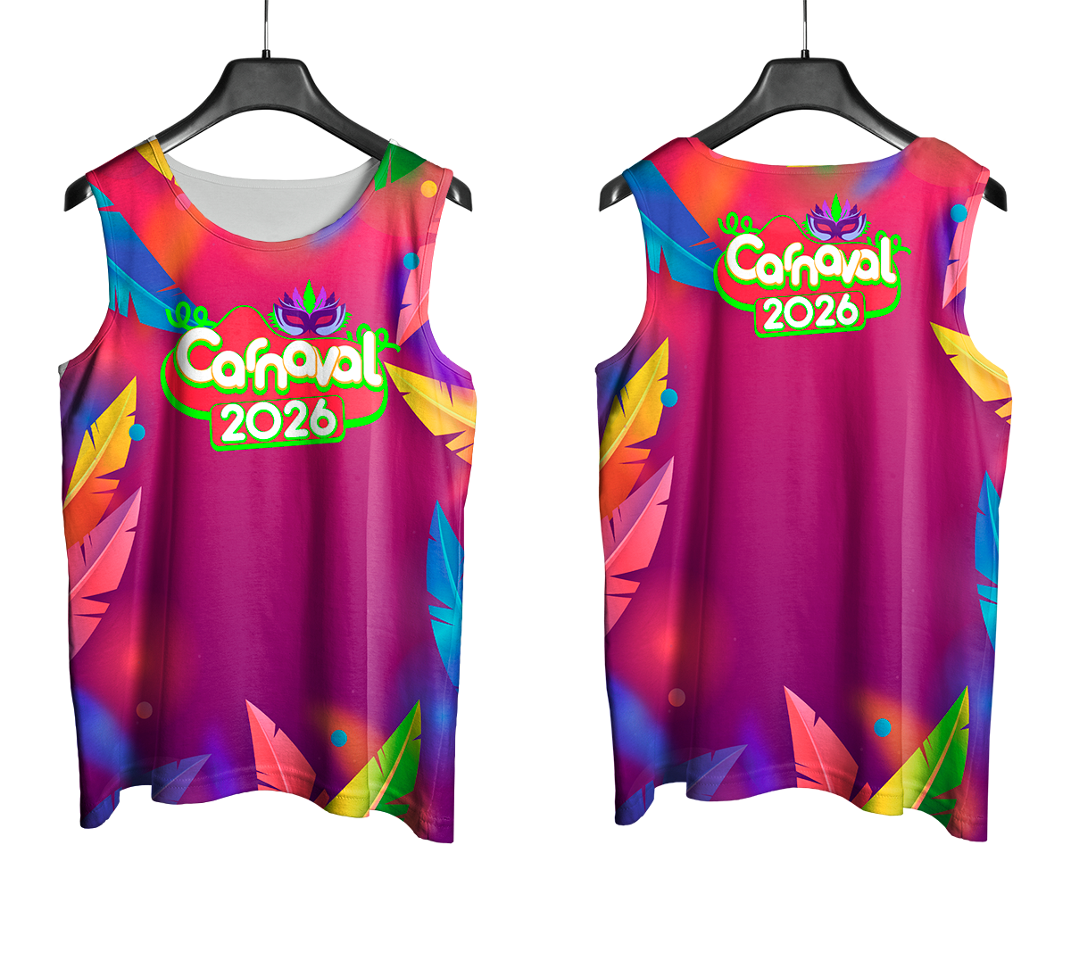 Arte Vetor Abadá Carnaval 2026 Roxo com Estampa Colorida - Mockup Frente e Costas com Fundo Transparente