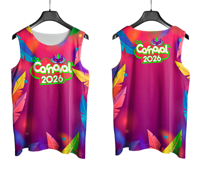 Arte Vetor Abadá Carnaval 2026 Roxo com Estampa Colorida - Mockup Frente e Costas com Fundo Transparente