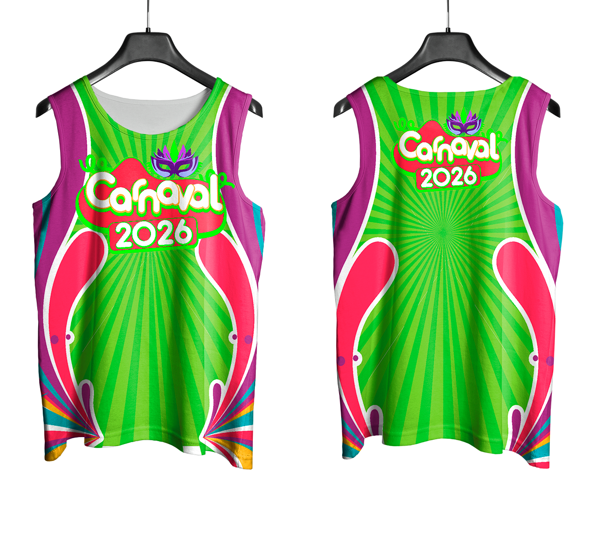 Arte Vetor Abadá Carnaval 2026 Formas Geométricas Coloridas - Mockup Frente e Costas com Fundo Transparente
