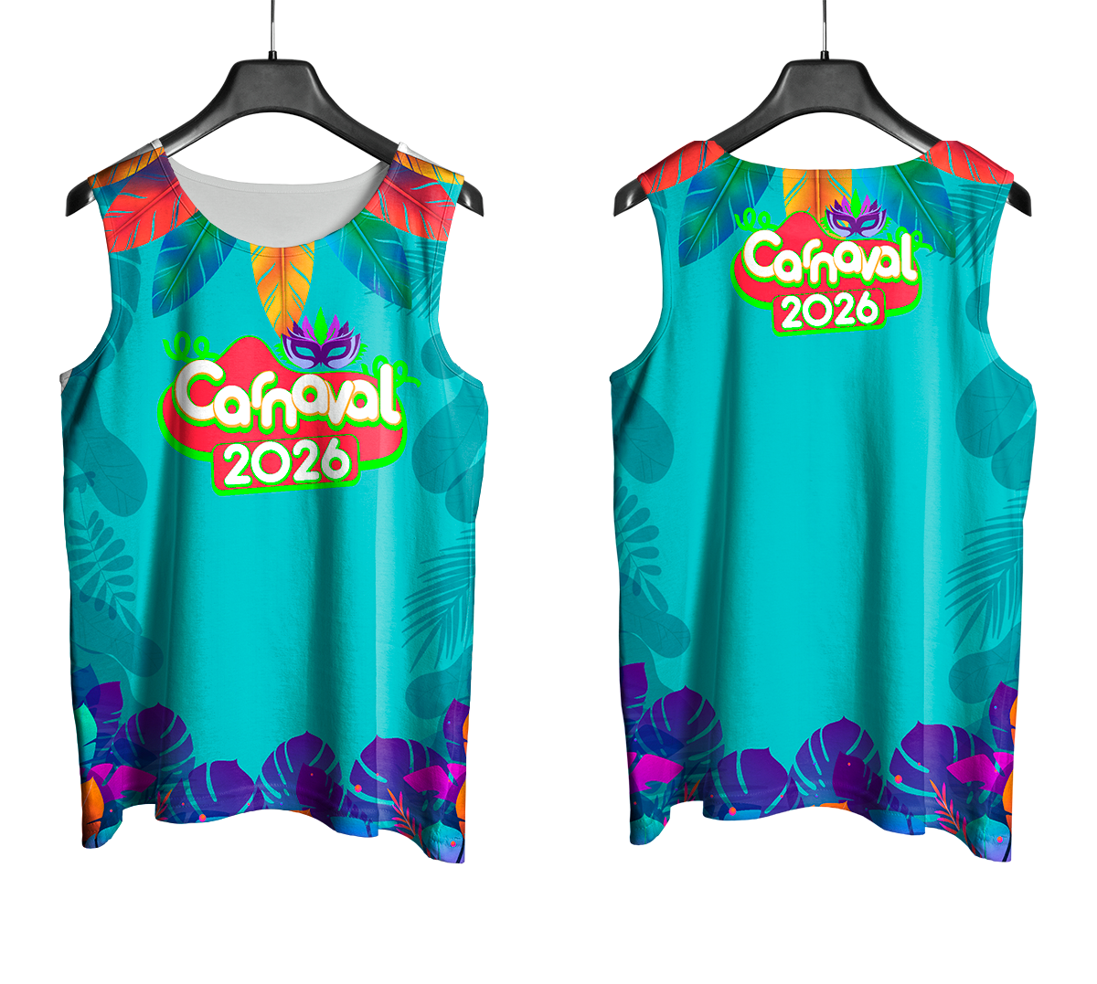 Arte Vetor Abadá Carnaval 2026 Verde Água - Mockup Frente e Costas com Fundo Transparente