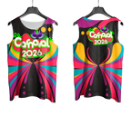 Arte Vetor Abadá Carnaval 2026 Fundo Preto com Detalhes Coloridos - Mockup Frente e Costas com Fundo Transparente
