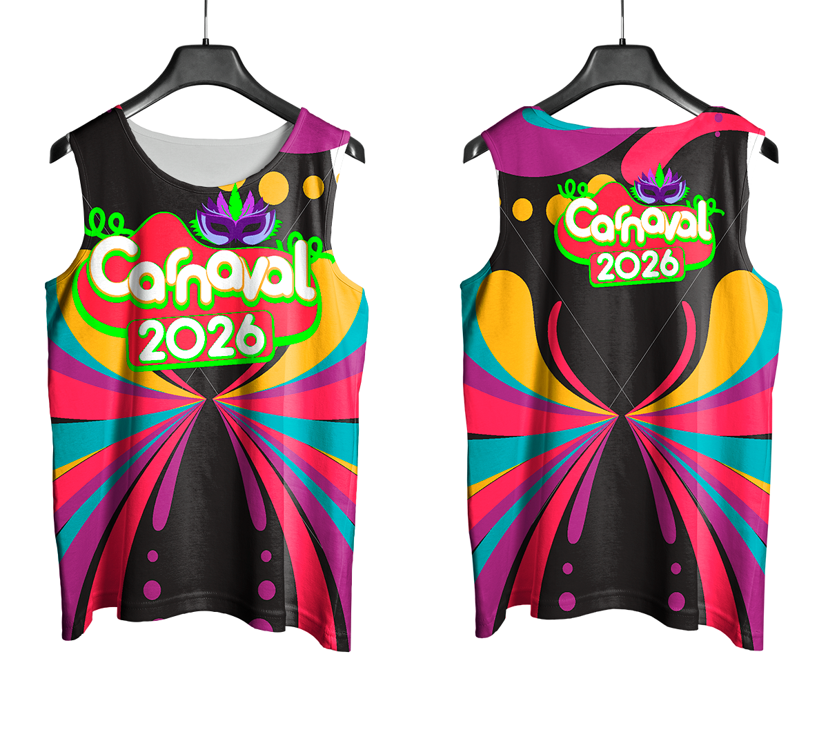Arte Vetor Abadá Carnaval 2026 Fundo Preto com Detalhes Coloridos - Mockup Frente e Costas com Fundo Transparente
