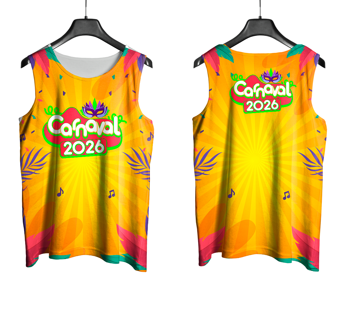 Arte Vetor Abadá Carnaval 2026 Raios de Sol - Mockup Frente e Costas com Fundo Transparente