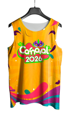 Arte Vetor Abadá Carnaval 2026 Fundo Amarelo com Detalhes Coloridos - Mockup Frente