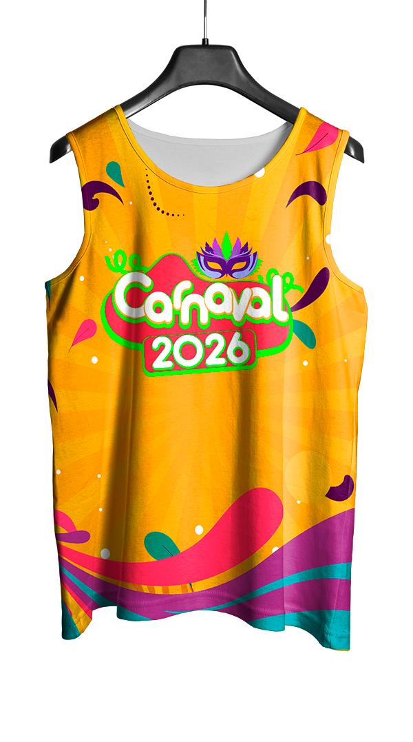 Arte Vetor Abadá Carnaval 2026 Fundo Amarelo com Detalhes Coloridos - Mockup Frente