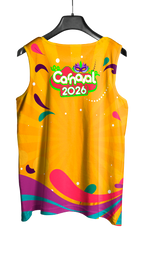 Arte Vetor Abadá Carnaval 2026 Fundo Amarelo com Detalhes Coloridos - Mockup Costas