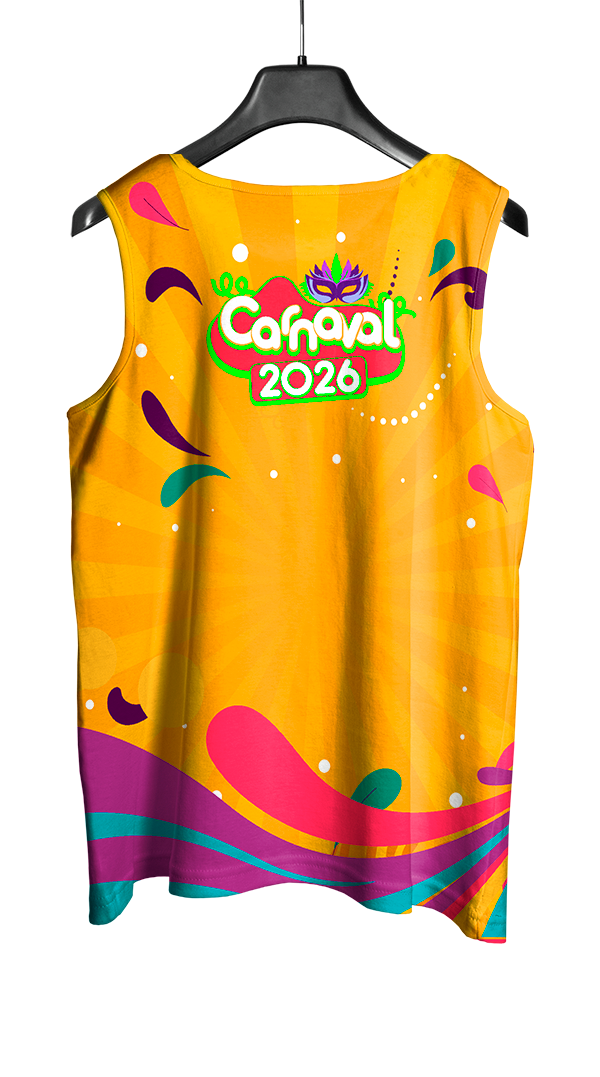 Arte Vetor Abadá Carnaval 2026 Fundo Amarelo com Detalhes Coloridos - Mockup Costas