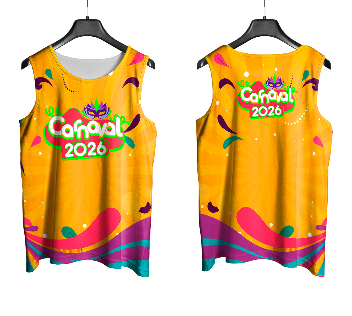Arte Vetor Abadá Carnaval 2026 Fundo Amarelo com Detalhes Coloridos - Mockup Frente e Costas com Fundo Transparente