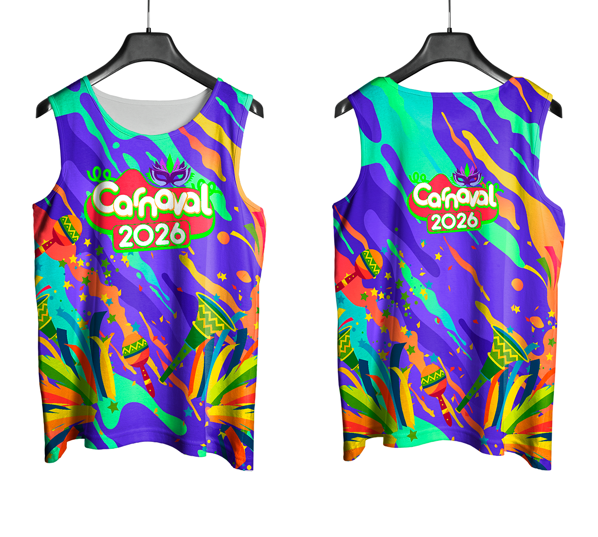 Arte Vetor Abadá Carnaval 2026 Explosão de Cores e Chocalho - Mockup Frente e Costas com Fundo Transparente