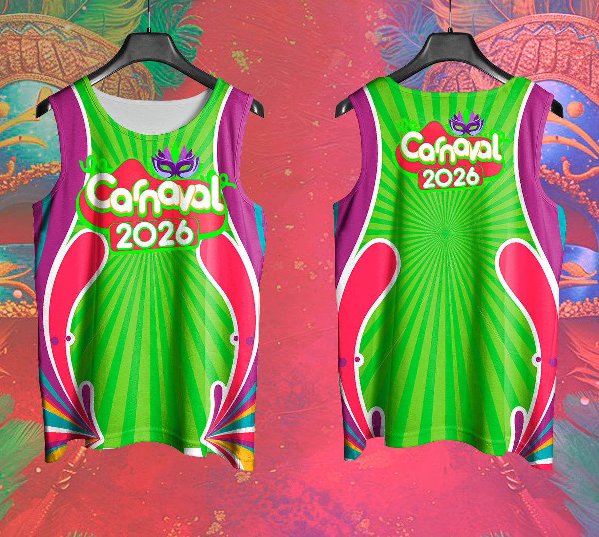 Arte Vetor Abadá Carnaval 2026 Formas Geométricas Coloridas - Mockup Frente e Costas em Cenário Carnaval
