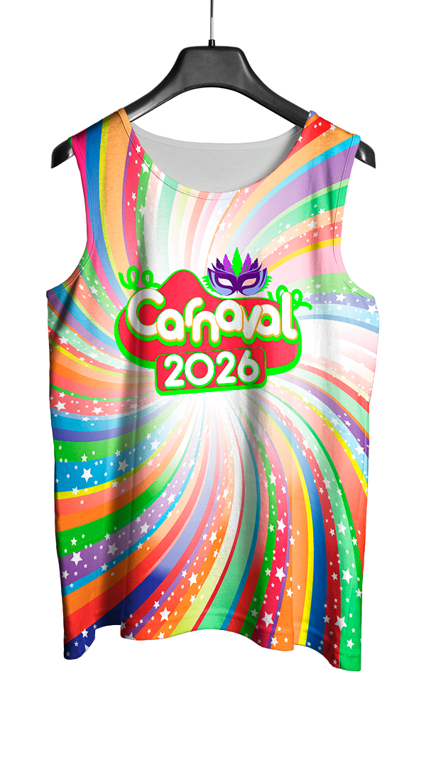 Arte Vetor Abadá Carnaval 2026 Redemoinho Cores Arco-Íris - Mockup Frente